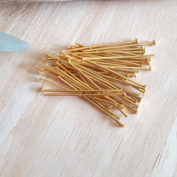 50 Flat Headpins, Head-pins, Gold Toned, 30mm/3cm x 2mm/0.2cm, Craft Supplies Jewellery Making Beading, Findings Hobby Beading/B25