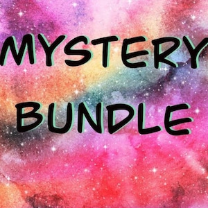 May include: A vibrant, galaxy-themed background in shades of pink, purple, blue, and orange. The words "MYSTERY BUNDLE" are displayed in large, black letters with a green outline across the image.
