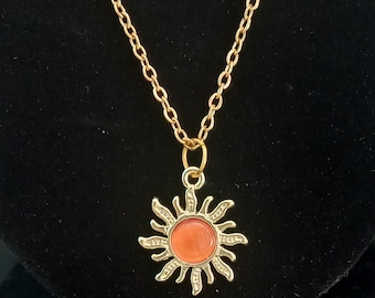 Gold Orange Sun Charm Necklace, Holiday Lightweight Quirky Cool Unusual Jewellery, Everyday Daily Wear, Indie Fashion, Funky Necklace UK