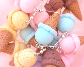 Ice Cream Cone Dangle Drop Earrings, Fun Earrings, Handmade Quirky Colourful Costume jewellery, Bespoke Gift For Her. Hypoallergenic. UK