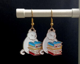 White Cat & Books Charm Earrings Dangle Drop Lightweight Quirky Cool Unusual Jewellery, Everyday Daily Wear, Indie Fashion Funky Earrings UK