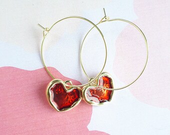 LOVE HEART EARRINGS, Red Heart Charms, Handmade Hoop Jammy Dodger Inspired, Gold Toned, Valentines Love & Friendship Birthday Christmas