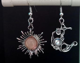 Moon & Sun Charm Earrings Dangle Drop Lightweight Quirky Cool Unusual Jewellery, Everyday Daily Wear, Indie Fashion, Funky Earrings UK