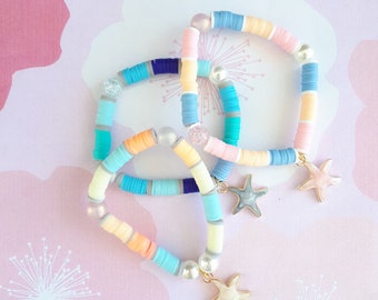 Beach Starfish Clay Beaded Bracelets, WITH FREE STICKER, Handmade Double Strength Elastic Bracelets, Kids Girls Jewellery Gifts