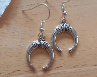 Moon Horn Charm Earrings, Handmade, Silver Toned, Cute Everyday accessory, Wiccan Witch Birthday Gift