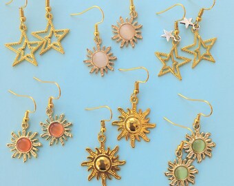 Sun Moon Star Charm Earrings, Celestial Sky Costume Jewellery, Handmade, Fun Quirky Bespoke Gift For Her, Hypoallergenic. UK