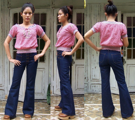 ETHNIC vintage 1970'S white & red cotton plaid boh
