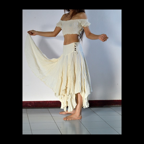 CRÈME NATUREL NON TEINT Coton gitane Ethnique lutin fée mariage hippie jupe costume de danse du ventre