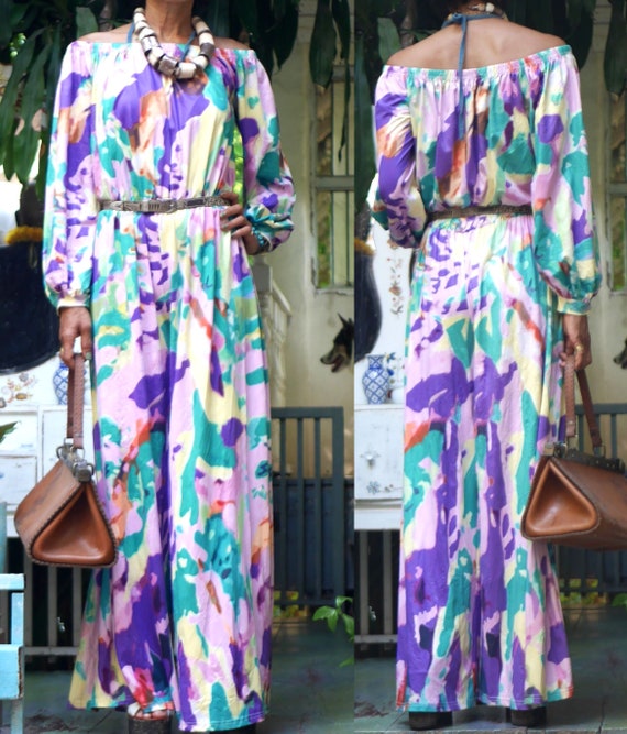 ETHNIC VINTAGE 70's long balloon sleeve water colo