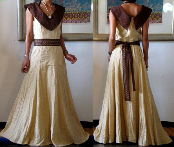 ETHNIC Boho Beige Dark Brown LACE Panneled Big Collar MAXI Prom Dress
