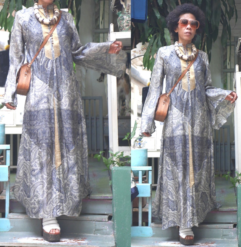 ETHNIC vintage 1970's RARE Hand block Indian silk bell sleeves bohemain kaftan hippie gypsy festival folk hippy boho maxi dress 