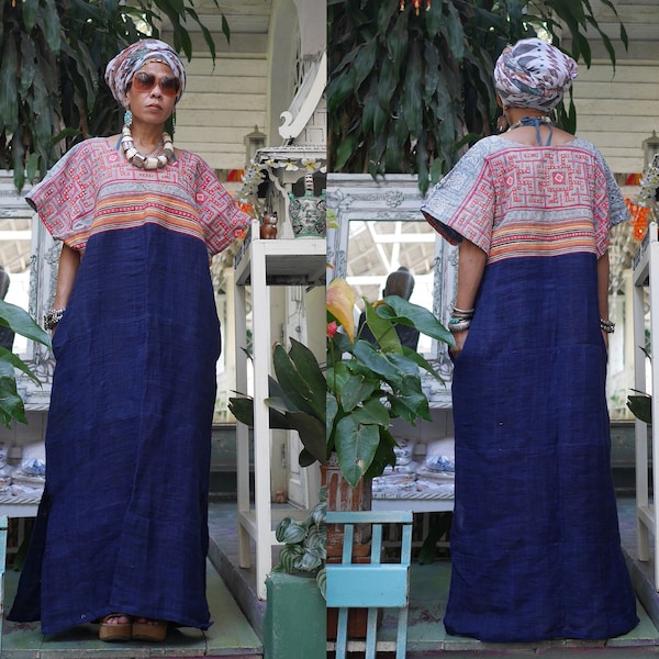 ETHNIC vintage tradition hand printed recycle hemp cotton embroidered kaftan bohemain gypsy drape sleeves dress boho hippie maxi dress