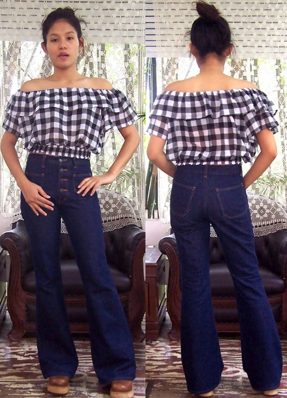 ETHNIC vintage 1970'S black and white cotton plaid