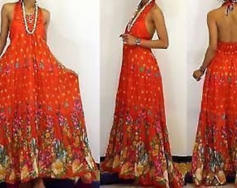 NEW Vtg FLORAL SILK Trim Prom Halter Gown Maxi Dress