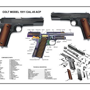 May include: Diagram of a Colt Model 1911 .45 ACP pistol, featuring multiple views and a cutaway illustration. The image includes a detailed breakdown of components and technical specifications, with the text "COLT MODEL 1911 CAL.45 ACP".