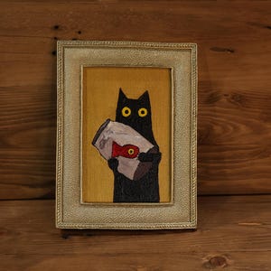 猫の釣りが面白いオリジナルアクリル絵画 水槽と黒猫 4インチ x 6インチ