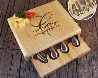 Personalized Cheese Board Engraved with Family Monogram including Corkscrew & Cheese Tools (Each)