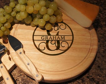 Personalized Cheese Board Set with Four Cheese Tools Engraved with Monogram