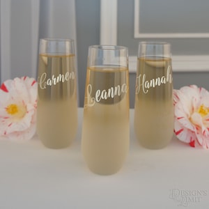Personalized Stemless Champagne Toasting Flutes Engraved with Bridal Party Monogram Design Options (Each)