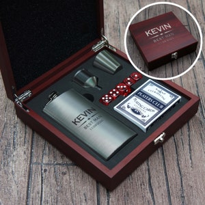Personalized Flask Set including Funnel, Dice, & Cards with Engraving Options for the Rosewood Case and Engraved Flask