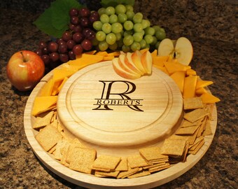 Personalized Appetizer Serving Tray Set with Family Monogram including Engraved Cutting Board with Three Cheese Tools