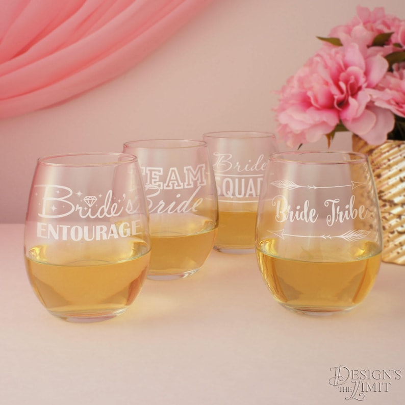 Choose Type of Glass Red or White Wine Personalized Stemless Wine Glasses Engraved with Bridal Party Designs