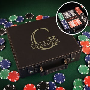 Personalized Poker Set including 100 Poker Chips, Dice, & Cards. Case Engraved with Overlapping Monogram Design Option image 1