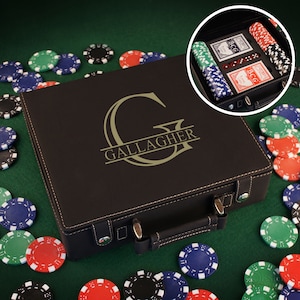 Personalized Poker Set including 100 Poker Chips, Dice, & Cards. Case Engraved with Overlapping Monogram Design Option image 1