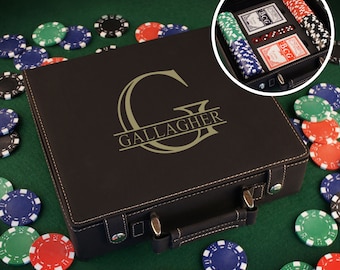 Personalized Poker Set including 100 Poker Chips, Dice, & Cards. Case Engraved with Overlapping Monogram Design Option