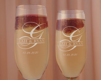 Personalized Champagne Stemware Toasting Flutes Engraved with Monogram Design Options (Set of Two)