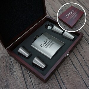 Personalized Flask Set including Funnel and Four Shot Glasses with Engraved Rosewood Case and Flask Options
