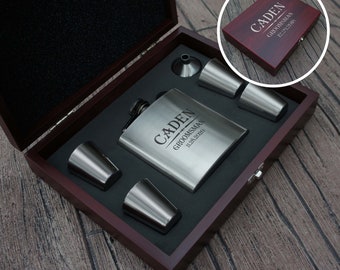 Personalized Flask Set including Funnel and Four Shot Glasses with Engraved Rosewood Case and Flask Options