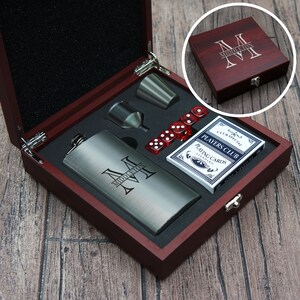 Personalized Flask Set including Funnel, Dice, & Cards with Engraving Options for the Rosewood Case and Engraved Flask
