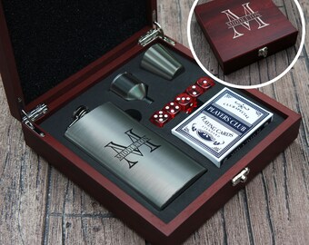 Personalized Flask Set including Funnel, Dice, & Cards with Engraving Options for the Rosewood Case and Engraved Flask