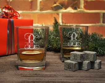 Traditional Rocks Lowball Tumblers with Monogrammed Whiskey Stones and Shot Glasses Personalized with Design Options (Each)