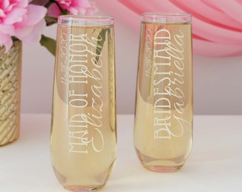 Personalized Stemless Champagne Toasting Flutes Engraved with Bridal Party Monogram Design Options (Each)