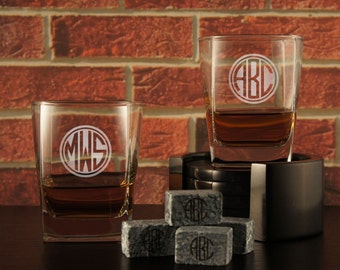 Traditional Rocks Lowball Tumblers with Monogrammed Whiskey Stones and Shot Glasses Personalized with Groomsman Design Options (Each)