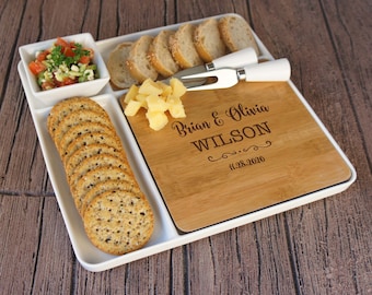 Personalized Appetizer Serving Tray Set with Family Monogram including Engraved Bamboo Cutting Board, Bowl, and Two-Cheese Tools  (Each)