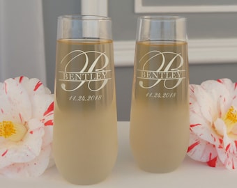 Personalized Stemless Champagne Toasting Flutes Set Engraved with Overlapping Monogram (Set of Two)