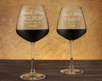 Personalized Stemware Engraved with Design Options (Set of Two Red or White Diamond Shaped Wine Glasses)