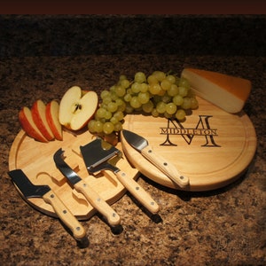 Personalized Cheese Board Set with Four Cheese Tools Engraved with Family Monogram