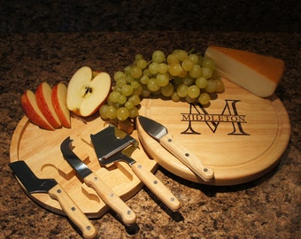 Personalized Cheese Board Set with Four Cheese Tools Engraved with Family Monogram