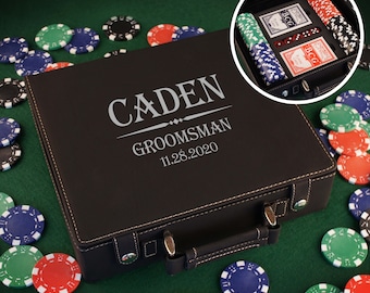 Personalized Poker Set including 100 Poker Chips, Dice, & Cards. Case Engraved with Choice of Monogram Design Options