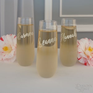 Personalized Stemless Champagne Toasting Flutes for the Wedding Party with Bridal Monogram Design Options Each Engraved Glass Flutes image 2