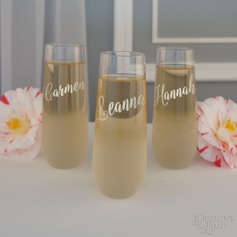 Personalized Stemless Champagne Toasting Flutes for the Wedding Party with Bridal Monogram Design Options Each Engraved Glass Flutes image 2