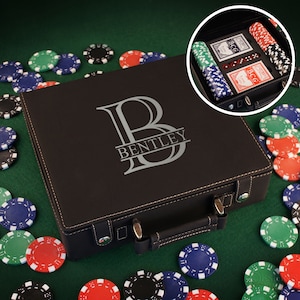 Personalized Poker Set including 100 Poker Chips, Dice, & Cards. Case Engraved with Overlapping Monogram Design Option