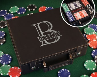 Personalized Poker Set including 100 Poker Chips, Dice, & Cards. Case Engraved with Overlapping Monogram Design Option