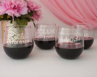Personalized Stemless Wine Glasses Engraved with Bridal Party Designs (Choose Type of Glass Red or White Wine)