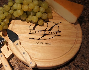 Personalized Cheese Board Set with Four Cheese Tools Engraved with Family Monogram