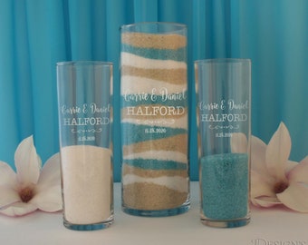 Personalized Sand Ceremony Set with Engraved Center Vase with Lid & Two (2) Individual Vases with Design Options (Set)